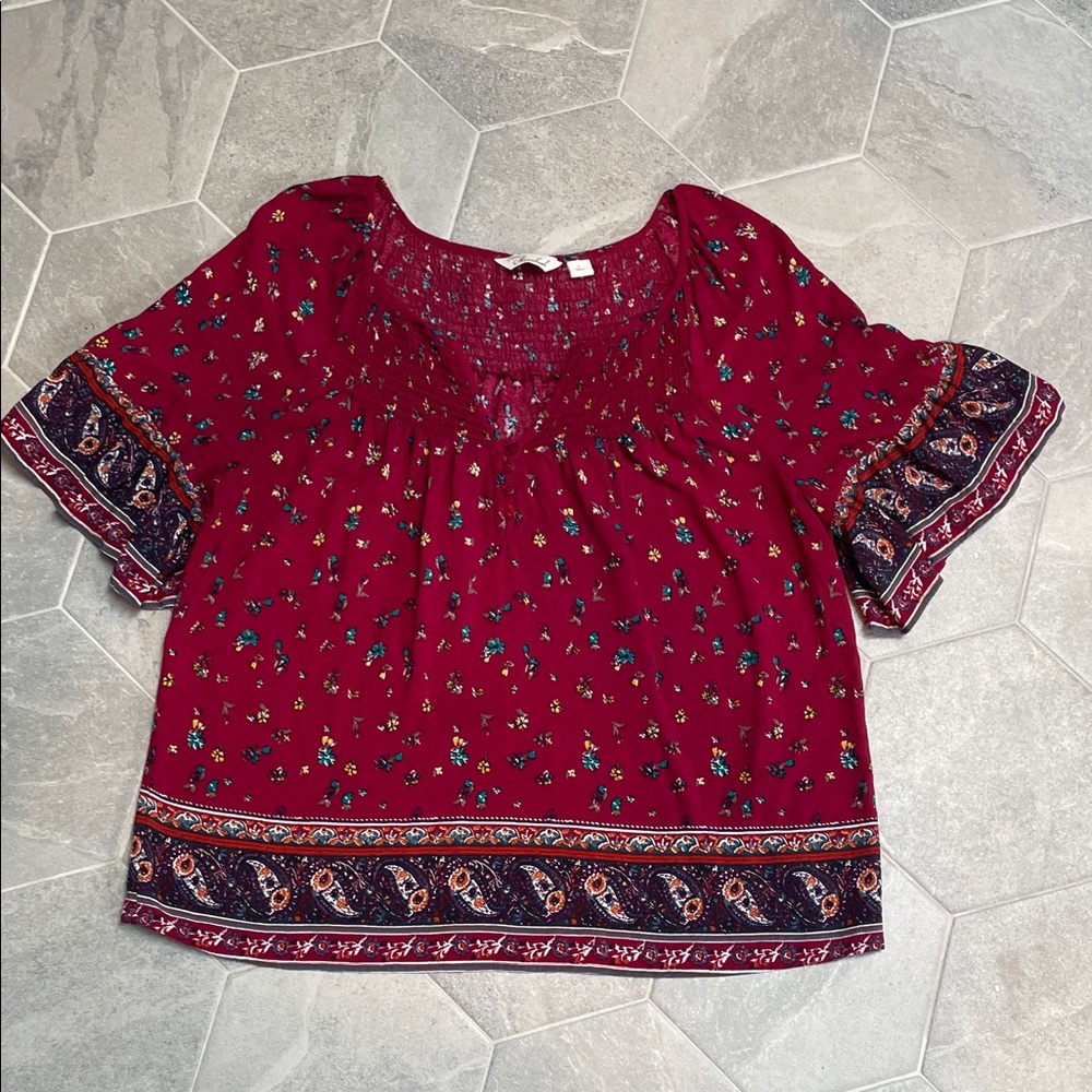 Caffé Marrakesh Maroon Floral Blouse --  Size Large - Picture 3 of 8